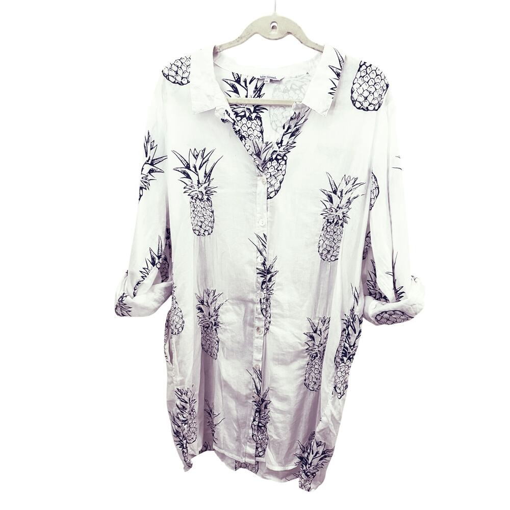Blue Island Beach Coverup Pineapples 1X Lightweight Resort-wear Breezy Pockets